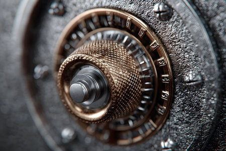 A close-up view of a vintage safe combination dial showcasing intricate metal textures and numerals. the image emphasizes themes of security, protection, and financial safeguarding, ideal for illustrating related concepts in media. Generative AIの素材