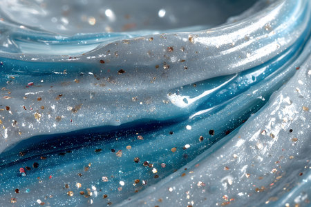 An intricate swirl of blue and silver with shimmering glitter creates a captivating abstract texture. the combination of glossy and sparkling elements forms a dynamic visual, ideal for modern designs and artistic backgrounds. Generative AIの素材