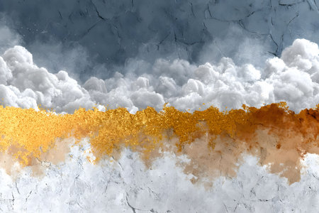 A blend of gray clouds and gold leaf texture creates a striking abstract cloudscape. the composition features a textured, cracked background with layers of contrasting colors, ideal for artistic design or vibrant wall art. Generative AIの素材
