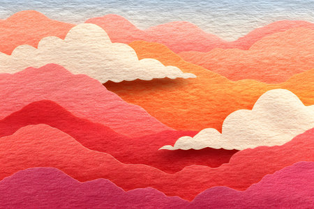 Colorful abstract landscape featuring layered mountains and clouds in shades of pink, orange, and red. textured paper effect enhances the artistic, three-dimensional appearance, ideal for modern decor and design projects. Generative AIの素材