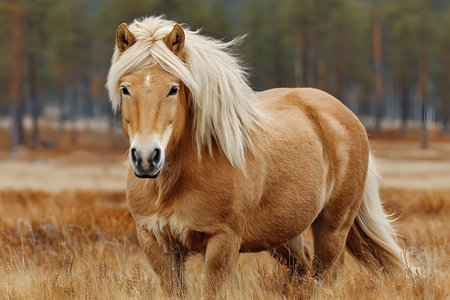 A graceful golden pony stands in an autumn meadow, surrounded by tall grasses and distant trees. the pony's flowing mane and serene expression complement the warm hues of the season. Generative AIの素材