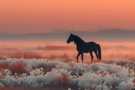 A lone horse stands gracefully amidst a serene autumn landscape at sunrise, surrounded by soft mist and frosted vegetation. the warm hues of the sky contrast beautifully with the crisp, cool ground, creating a tranquil scene. Generative AIの素材