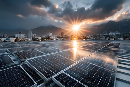 Solar panels on a city rooftop capture the sun's energy as it sets, with dramatic clouds and mountains in the background, renewable energy in urban landscapes. this image symbolizes sustainability and innovation. Generative AIの素材