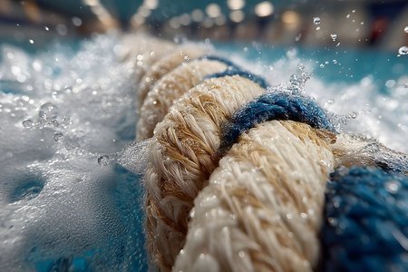 Close-up shot of a swimming pool lane line with vibrant splashes of water. the image dynamic motion and energy of an aquatic environment, emphasizing textures and movement, suitable for sports and fitness themes. Generative AIの素材