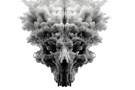 A striking abstract formation of black and white smoke creates a symmetrical explosion pattern. the intricate cloud formations evoke themes of creativity, innovation, and dynamic movements, suitable for contemporary design projects. Generative AIの素材