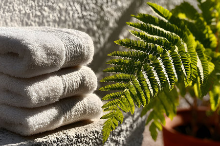 Neatly folded white towels sit on a textured stone surface next to a vibrant green fern, bathed in sunlight. this serene setting evokes relaxation and freshness, ideal for spa-themed designs. Generative AIの素材