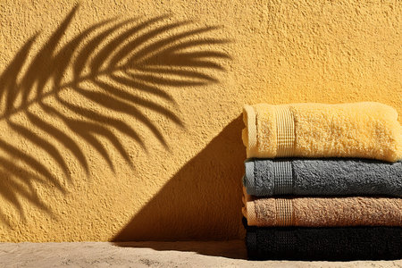 A neatly stacked set of towels in various colors against a textured yellow wall with a decorative palm leaf shadow. this soothing scene evokes a spa ambiance, perfect for relaxation, wellness, or interior decor themes. Generative AIの素材