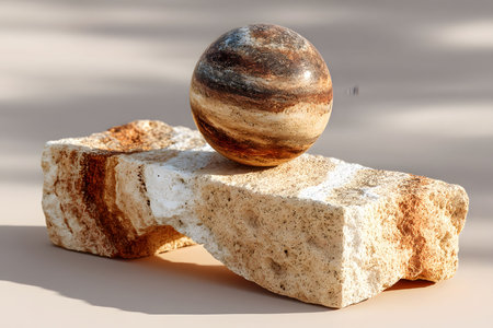 Earth-toned stone sphere perched on a textured rock, showcasing nature's artistry in a harmonious blend of colors and textures ideal for decor, design elements, or backgrounds emphasizing natural aesthetics. Generative AIの素材