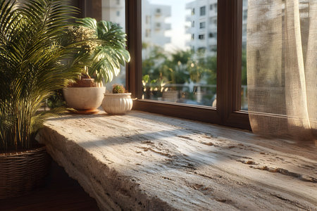 Sunlight filters through a window onto a rustic stone sill adorned with vibrant indoor plants, including a fern and succulents. the setting is surrounded by modern urban architecture, blending nature and city life in a tranquil indoor garden. Generative AIの素材