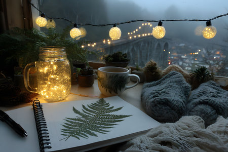 A warm and inviting setup featuring glowing fairy lights, a steaming mug of tea, and comfortable knit socks. the scene includes a sketchbook with a fern drawing, overlooking a misty bridge, creating a serene autumn ambiance. Generative AIの素材