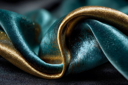 Close-up of a luxurious satin fabric featuring rich blue and gold colors with a lustrous sheen. the folds create a sophisticated texture perfect for use in fashion, interior design, or art projects and concepts. Generative AIの素材