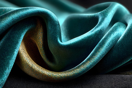 Luxurious teal and gold velvet fabric with intricate textures and rich, flowing drapery, ideal for interior design, fashion projects, or adding elegance to textile presentations. the interplay of colors enhances depth and sophistication. Generative AIの素材