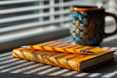 Warm sunlight streams through blinds, illuminating a striped journal and a colorful coffee mug. the scene evokes a sense of comfort and inspiration, perfect for morning writing, reflection, and relaxation. Generative AIの素材