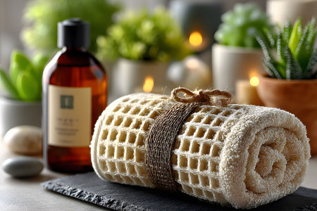 A serene spa setting features a neatly rolled towel tied with twine, an amber bottle of essential oil, and ambient candlelight. succulent plants in soft light enhance the tranquility of the wellness atmosphere. Generative AIの素材