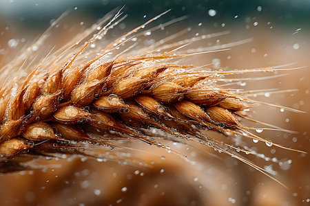 Dew-covered wheat ear in a field during rainfall, the intricate details and textures of the grains. perfect for projects related to agriculture, nature, sustainability, and organic farming. Generative AIの素材