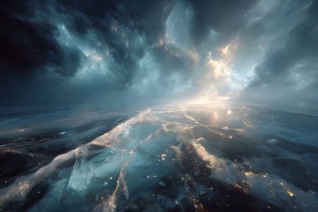 A breathtaking scene showcasing a mystical frozen landscape beneath dramatic, cloud-filled skies. the ethereal light creates an otherworldly atmosphere, blending elements of fantasy and science fiction, perfect for imaginative designs. Generative AIの素材
