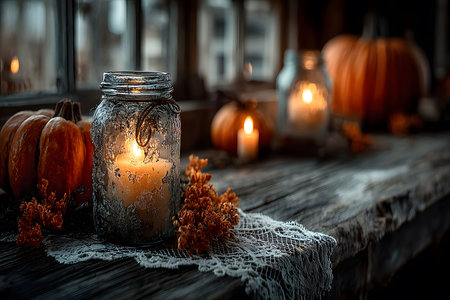 A cozy autumn scene featuring lit candles in glass jars on a rustic wooden table adorned with pumpkins and lace accents. the warm glow creates an inviting atmosphere, perfect for home decor or seasonal displays. Generative AIの素材