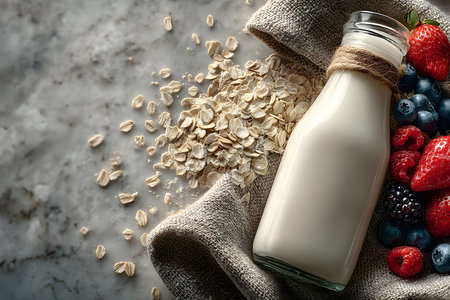 A rustic breakfast spread featuring a glass milk bottle wrapped in twine, scattered oatmeal flakes, and fresh berries including strawberries, blueberries, and raspberries on a textured marble surface. Generative AIの素材