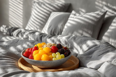 A cozy morning scene featuring a bowl of vibrant fresh fruits placed on a wooden tray atop a plush, sunlit bed. the composition exudes warmth and relaxation, a leisurely breakfast setting with soft light and shadows. Generative AIの素材