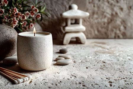 A serene scene featuring a lit candle in a textured holder, surrounded by smooth stones, aromatic incense sticks, and small flowers. a stone lantern adds a calming element, enhancing the tranquil ambiance ideal for relaxation and meditation. Generative AIの素材