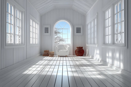 A serene white sunroom featuring a modern armchair and rustic decor under a vaulted ceiling. large windows allow natural light, casting intricate shadows on the wooden floor, enhancing the minimalist and tranquil ambiance. Generative AIの素材