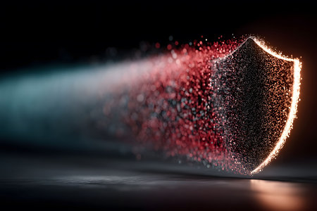 A striking digital security concept featuring a shimmering shield in a dynamic, pixelated design. the image symbolizes cyber protection, online safety, and futuristic technology in a visually captivating manner. Generative AIの素材