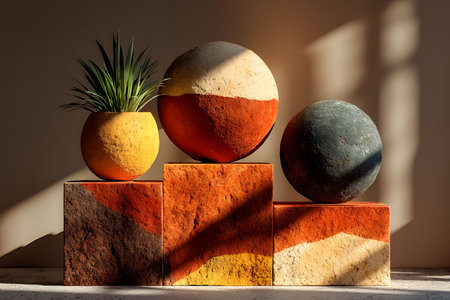 Earth-toned sculptures with geometric designs are artfully arranged on textured blocks in a sunlit room. a unique combination of abstract forms and natural colors, ideal for modern interior design or artistic inspiration. Generative AIの素材