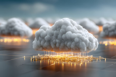 A visually striking 3d illustration of a fluffy white cloud hovering above an illuminated circuit board. the scene represents cloud computing, digital connectivity, and modern technology innovations in a futuristic setting. Generative AIの素材