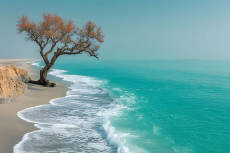 A solitary tree stands gracefully on a quiet beach, with gentle waves lapping at the shore. the vibrant turquoise waters contrast beautifully with the sandy coast, creating a calm and peaceful atmosphere ideal for relaxation. Generative AIの素材