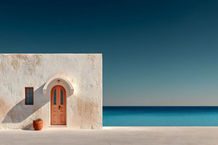 A serene minimalist scene featuring a rustic mediterranean building against a deep blue ocean. the stucco walls and terracotta pots highlight the harmony between architecture and nature. Generative AIの素材