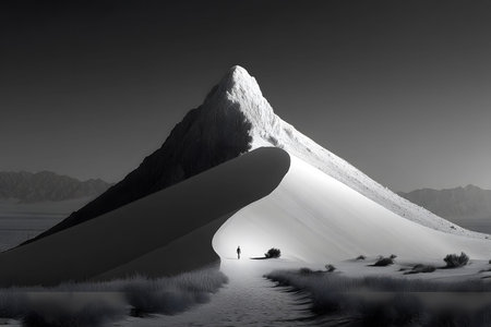 A striking monochromatic composition displays a solitary figure dwarfed by a towering sand dune under a dramatic sky, evoking themes of solitude and exploration in an expansive desert environment. Generative AIの素材