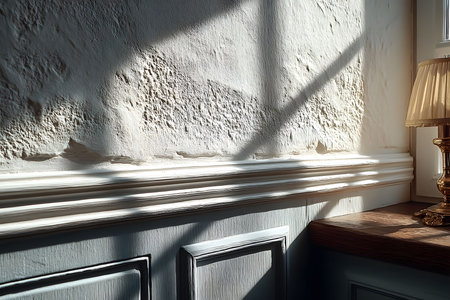 Sunlight casts intricate shadows on a textured plaster wall, decorative molding beneath a soft-glowing vintage lamp. the cozy atmosphere blends traditional architectural elements with warm, natural lighting. Generative AIの素材