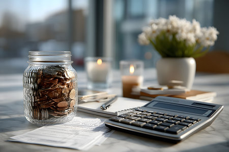 A financial planning setup featuring a jar of coins, a calculator, and open notebooks on a well-lit table. candles and a white flower arrangement add a touch of elegance, representing budgeting, saving, and financial management concepts. Generative AIの素材