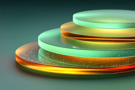 A visually striking arrangement of translucent glass discs layered in a gradient of rich greens and vibrant oranges. the composition highlights varying textures and sparkle effects, ideal for modern art, design projects, or conceptual backgrounds. Generative AIの素材