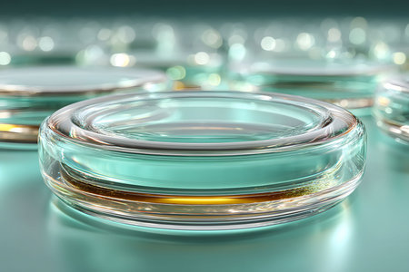 Transparent glass rings exhibit a glossy, reflective quality on a smooth teal surface. the intricate play of light and reflections creates a modern, minimalist aesthetic, perfect for artistic and decorative purposes. Generative AIの素材