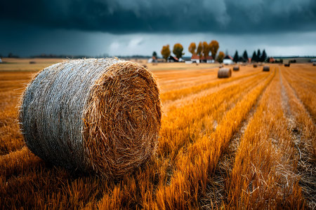 Dramatic autumn countryside scene featuring a large hay bale in a harvested field. dark storm clouds loom above distant farmhouses, creating a striking contrast against the golden landscape. the setting exudes a sense of tranquility despite the impending storm. Generative AIの素材