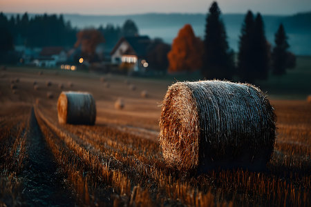 A peaceful autumn evening scene set in a rural landscape, featuring large hay bales on a harvested field. in the background, a cozy farmhouse is nestled among autumn trees, with soft, warm lighting providing a tranquil atmosphere. Generative AIの素材