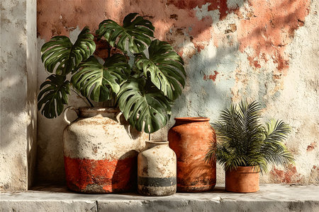 Rustic earthenware planters are showcased against a weathered, textured wall, lush tropical foliage. the scene exudes a vintage charm and earthy elegance, perfect for home decor inspiration and design elements. Generative AIの素材