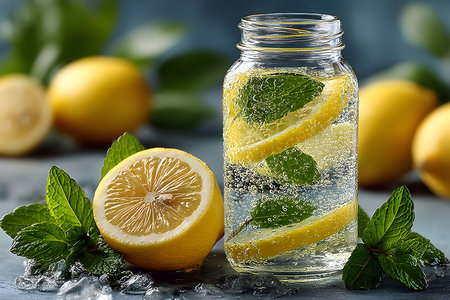 A glass jar filled with sparkling water, lemon slices, and mint leaves sits among fresh lemons on a cool blue surface. surrounding the jar are ice cubes and mint sprigs, creating a refreshing summertime scene. Generative AIの素材