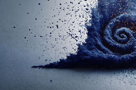 Abstract artwork featuring an explosive burst of blue powder forming a dynamic swirl pattern. the intricate details and vibrant colors make it ideal for creative projects, art prints, or unique decor themes. Generative AIの素材