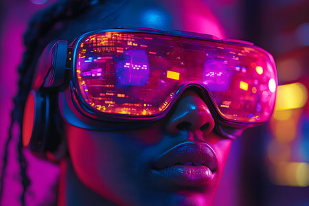 Immersive journey into virtual reality showcased through neon reflections on a vr headset. vibrant colors create a futuristic atmosphere, emphasizing technology's influence in modern interactive entertainment., Generative AIの素材