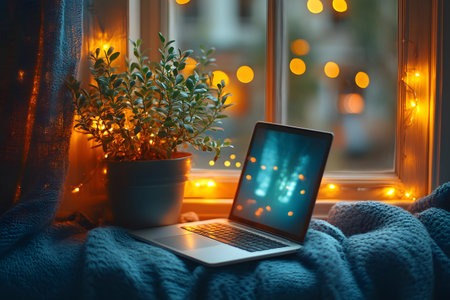 A serene home workspace featuring a laptop on a knitted blanket by a window. the scene is enhanced by warm fairy lights and a lush potted plant, creating a cozy atmosphere ideal for relaxation or creative work., Generative AIの素材