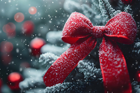 Snow-dusted christmas tree adorned with a vibrant red bow, surrounded by blurred red ornaments. snowflakes gently falling, creating a serene holiday atmosphere suitable for festive design and decoration., Generative AIの素材