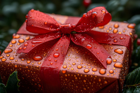 A beautifully wrapped christmas gift box adorned with a red ribbon, glistening with water droplets. set against a backdrop of greenery, this festive scene captures a sense of anticipation and holiday cheer, perfect for seasonal decorations., Generative AIの素材