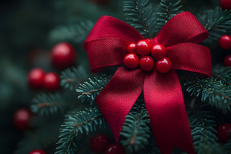 Festive decoration featuring a vibrant red bow tied with artificial berries on a lush green pine branch. the close-up textures and colors, perfect for holiday-themed designs and cheerful winter celebrations., Generative AIの素材