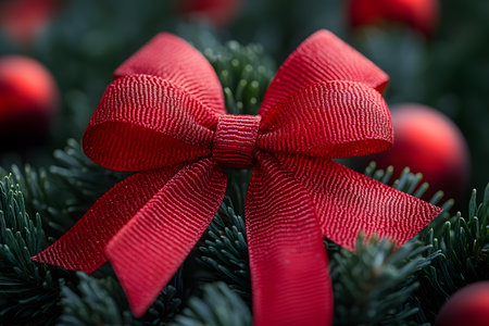 A vibrant red bow elegantly tied amidst lush evergreen branches, surrounded by red baubles. this classic holiday scene exudes warmth and tradition, perfect for festive decor and holiday card designs., Generative AIの素材