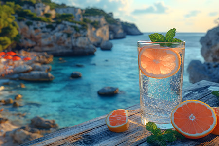 Sparkling water with citrus slices sits on a wooden table overlooking a serene ocean cove. the vibrant oranges and mint garnish evoke a refreshing summer vibe, perfect for travel or vacation-themed designs., Generative AIの素材