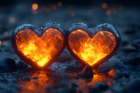 Two glowing, fiery heart sculptures set against a dark, moody background represent themes of passion, romance, and warmth. ideal for valentine's day design, romantic cards, and passionate creative projects., Generative AIの素材