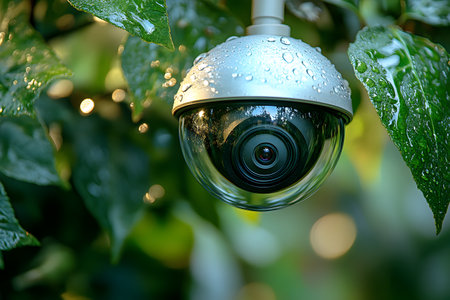 Security camera nestled among vibrant green leaves, modern surveillance technology integrated into natural environments. water droplets accentuate the weather-resistant design for robust outdoor monitoring., Generative AIの素材
