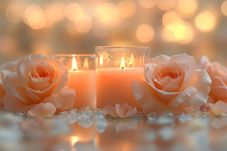 Candlelit ambiance with soft peach roses, evoking romance and elegance. a serene setting perfect for weddings, celebrations, or home decor, showcasing warm lighting and delicate floral accents., Generative AIの素材
